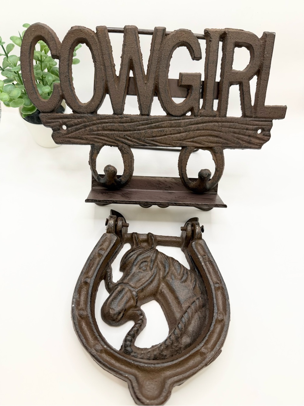 Vintage Cowgirl Cast Iron Wall Hook with Horse & Horseshoe Door Knocker - Brown